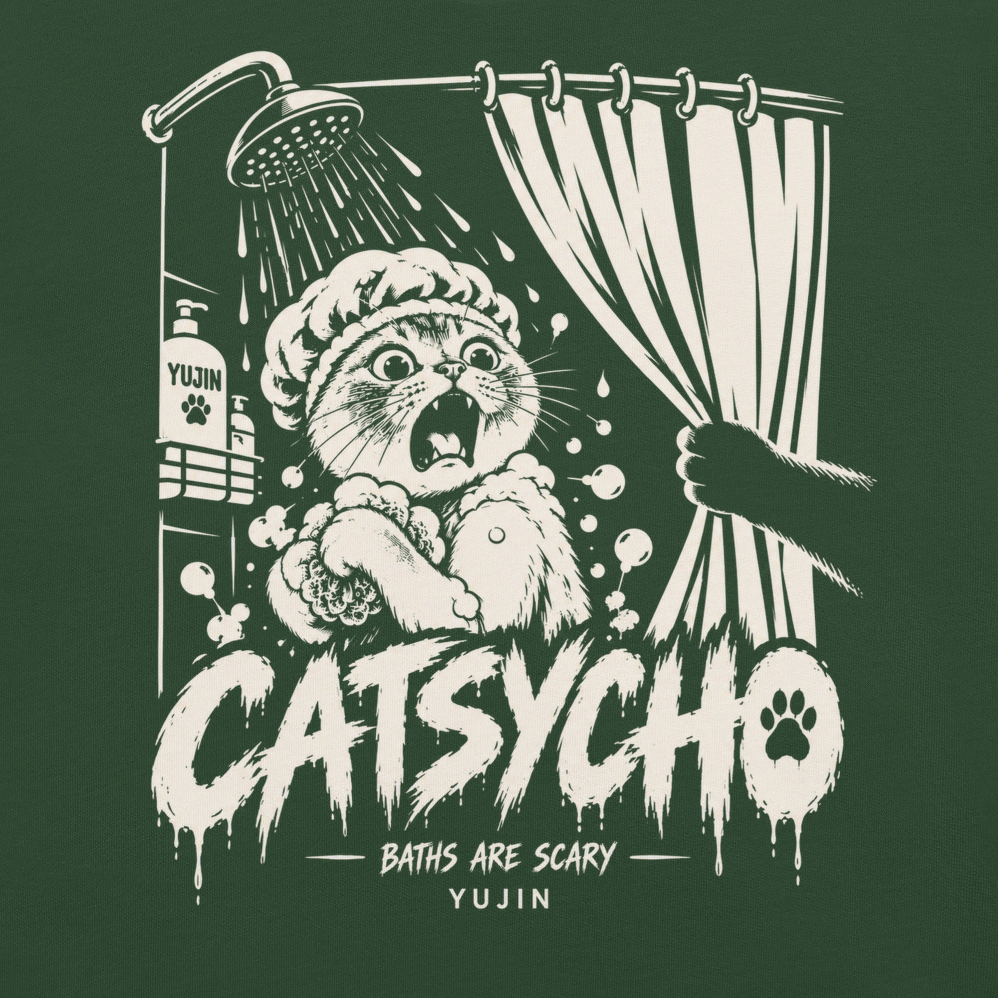 Close-up of Catsycho Cat T-Shirt artwork on Forest