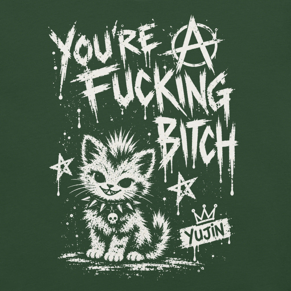 Punk Attitude Cat T-Shirt in Forest — original front print closeup