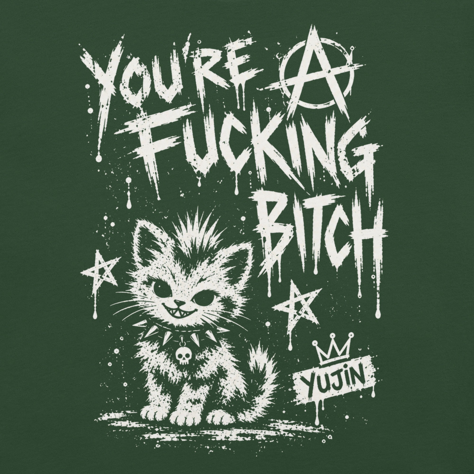 Punk Attitude Cat T-Shirt in Forest — original front print closeup