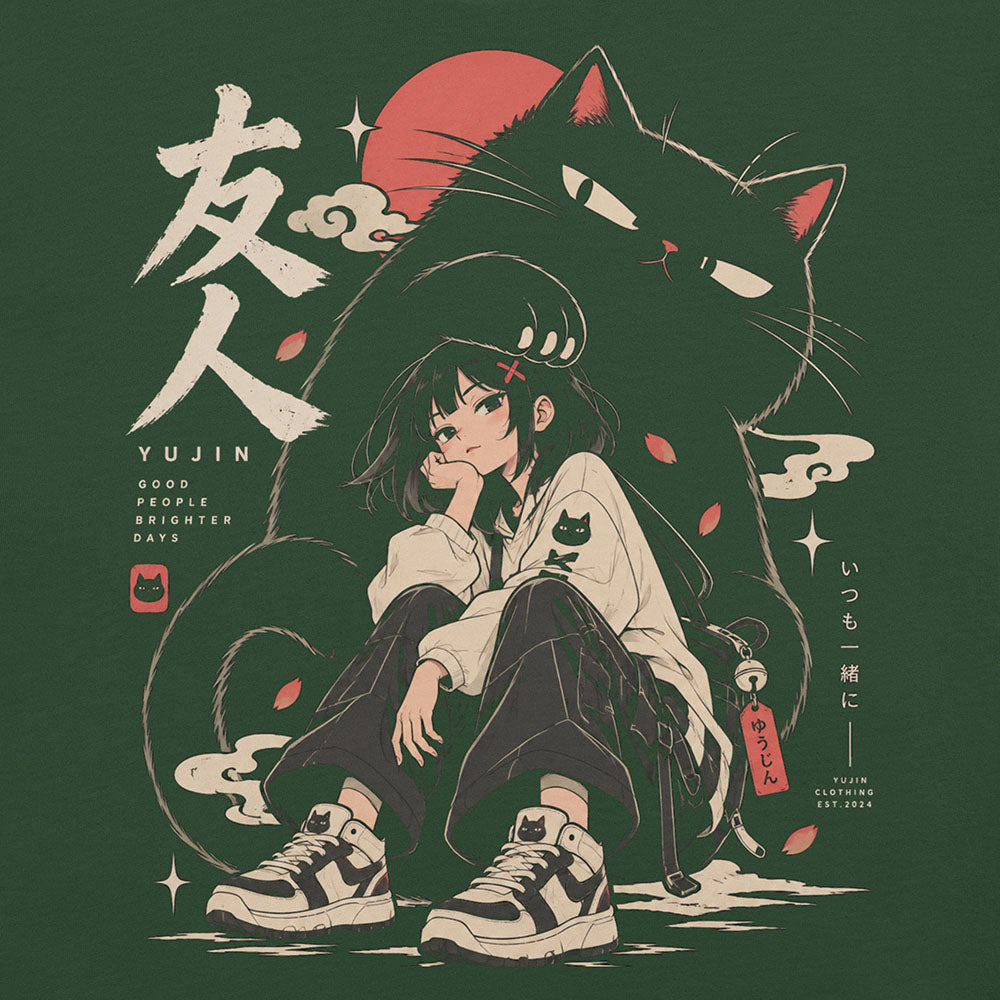 Close-up of Brighter Days Cat T-Shirt artwork on Forest