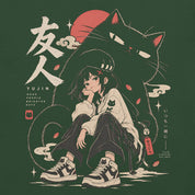Close-up of Brighter Days Cat T-Shirt artwork on Forest