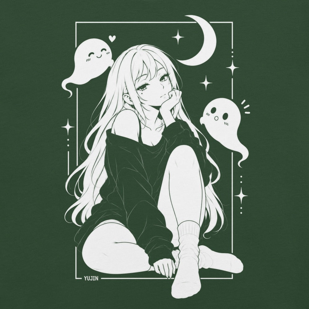 Close-up of Moonlit Nightscape Anime T-Shirt artwork on forest
