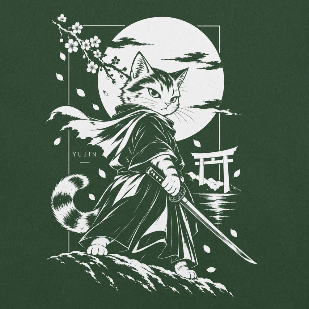 Close-up of Moonlit Samurai Cat T-Shirt artwork on forest