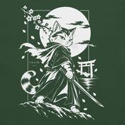 Close-up of Moonlit Samurai Cat T-Shirt artwork on forest