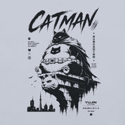 Close-up of the Catman Night Watch Cat T-Shirt artwork on Light Blue