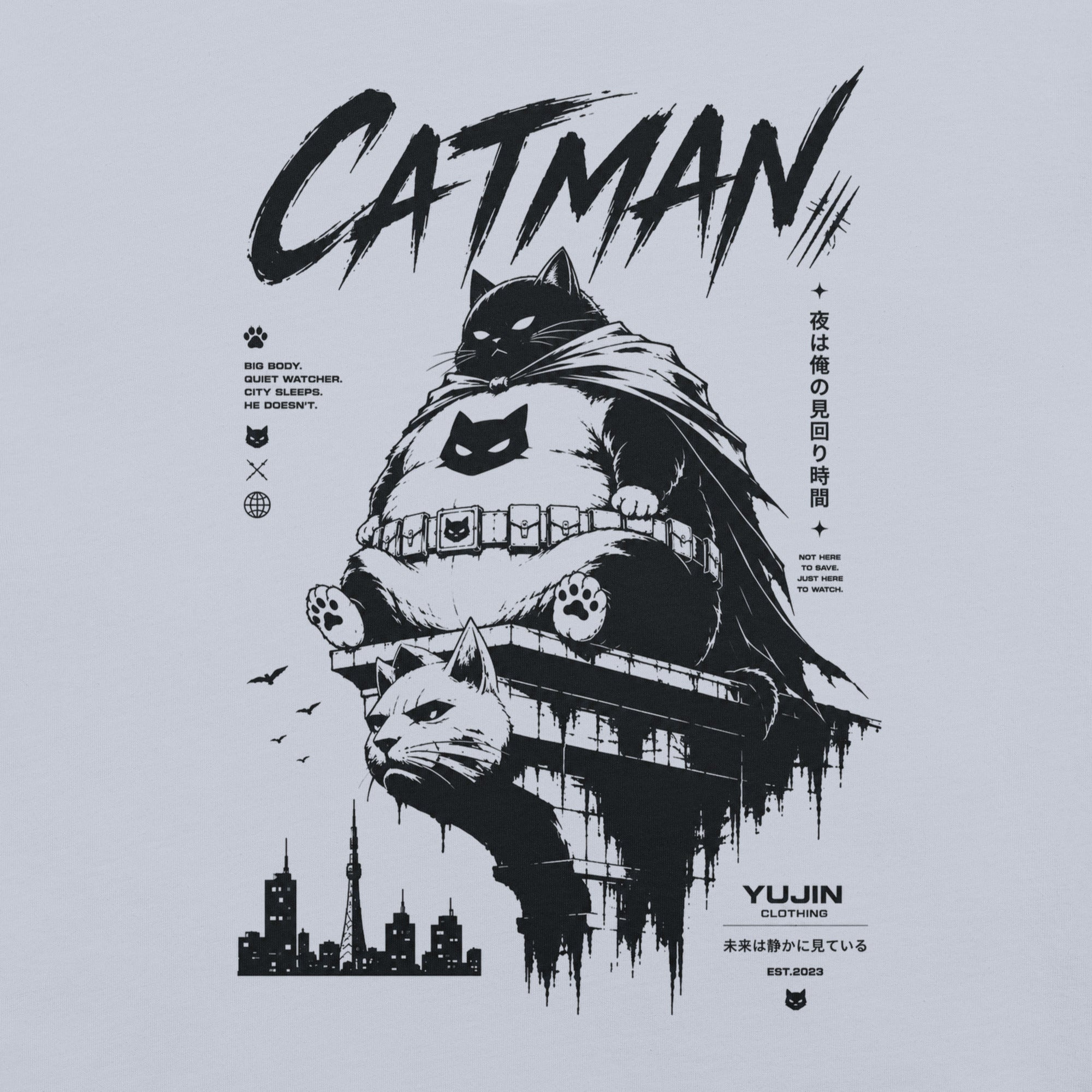 Close-up of the Catman Night Watch Cat T-Shirt artwork on Light Blue