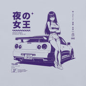 Close-up of Midnight Queen Runners Car T-Shirt artwork on Light Blue