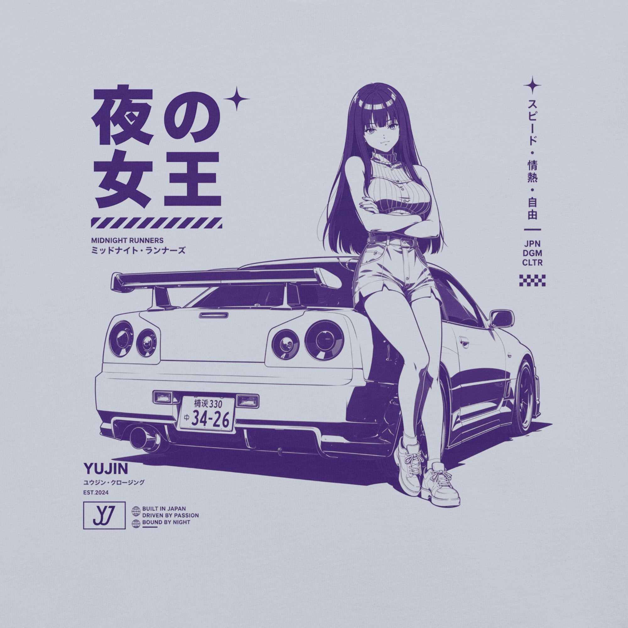 Close-up of Midnight Queen Runners Car T-Shirt artwork on Light Blue