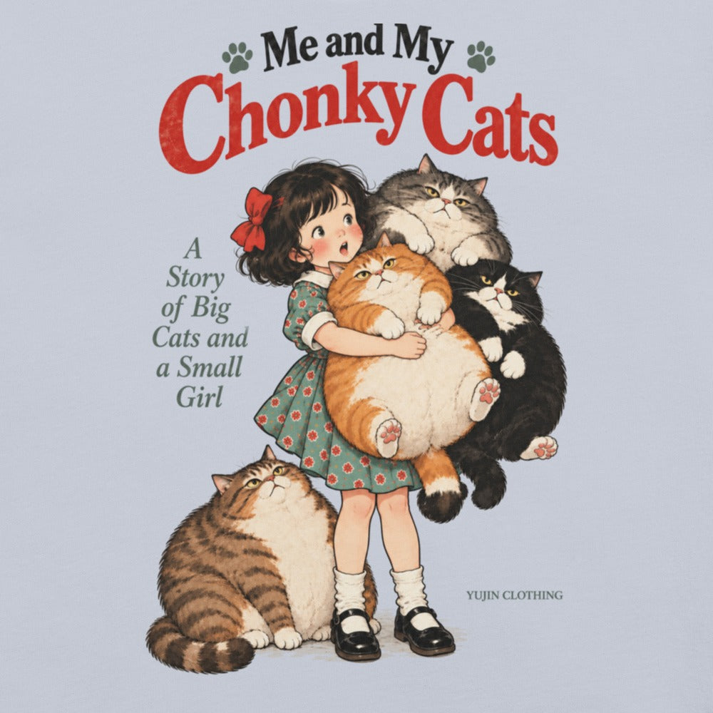 Close-up of Chonky Cuddles Cat T-Shirt in Light Blue - Printful front Zoomed in