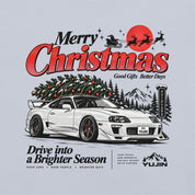 Merry Christmas Retro Car T-Shirt — Light Blue Printful front closeup