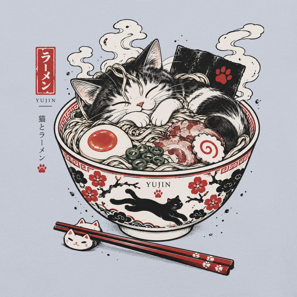 Close-up of Nap First Noodles Later Cat T-Shirt artwork on Light Blue