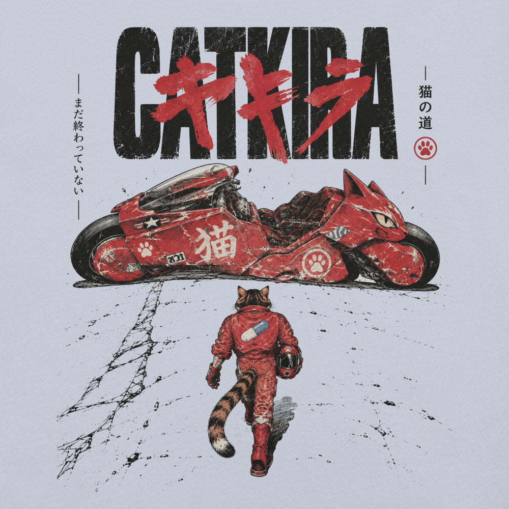 Close-up of Catkira Nine Lives One Road Cat T-Shirt artwork on Light Blue