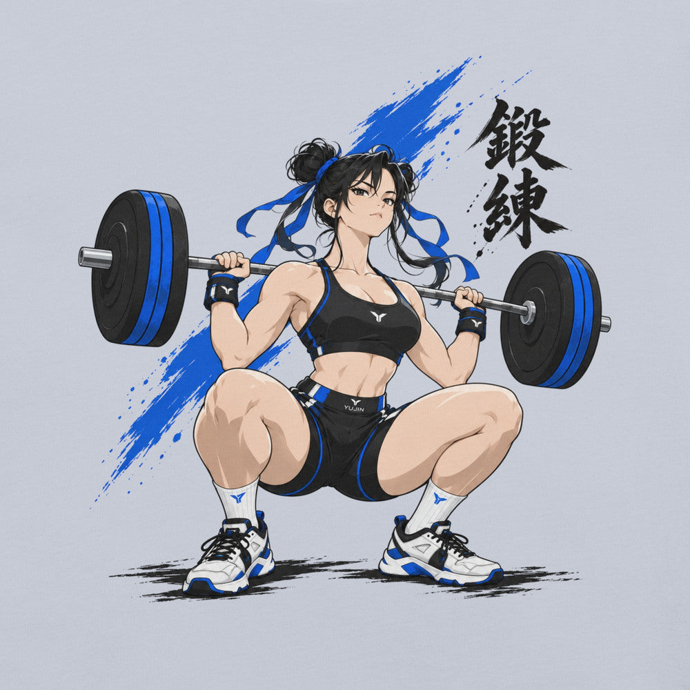 Close-up of Built One Rep at a Time Fitness T-Shirt artwork on Light Blue
