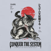 Close-up of Conquer the System Cat T-Shirt artwork on Light Blue