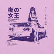 Close-up of Midnight Queen Runners Car T-Shirt artwork on Lilac