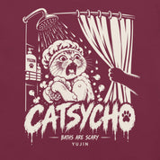 Close-up of Catsycho Cat T-Shirt artwork on Maroon