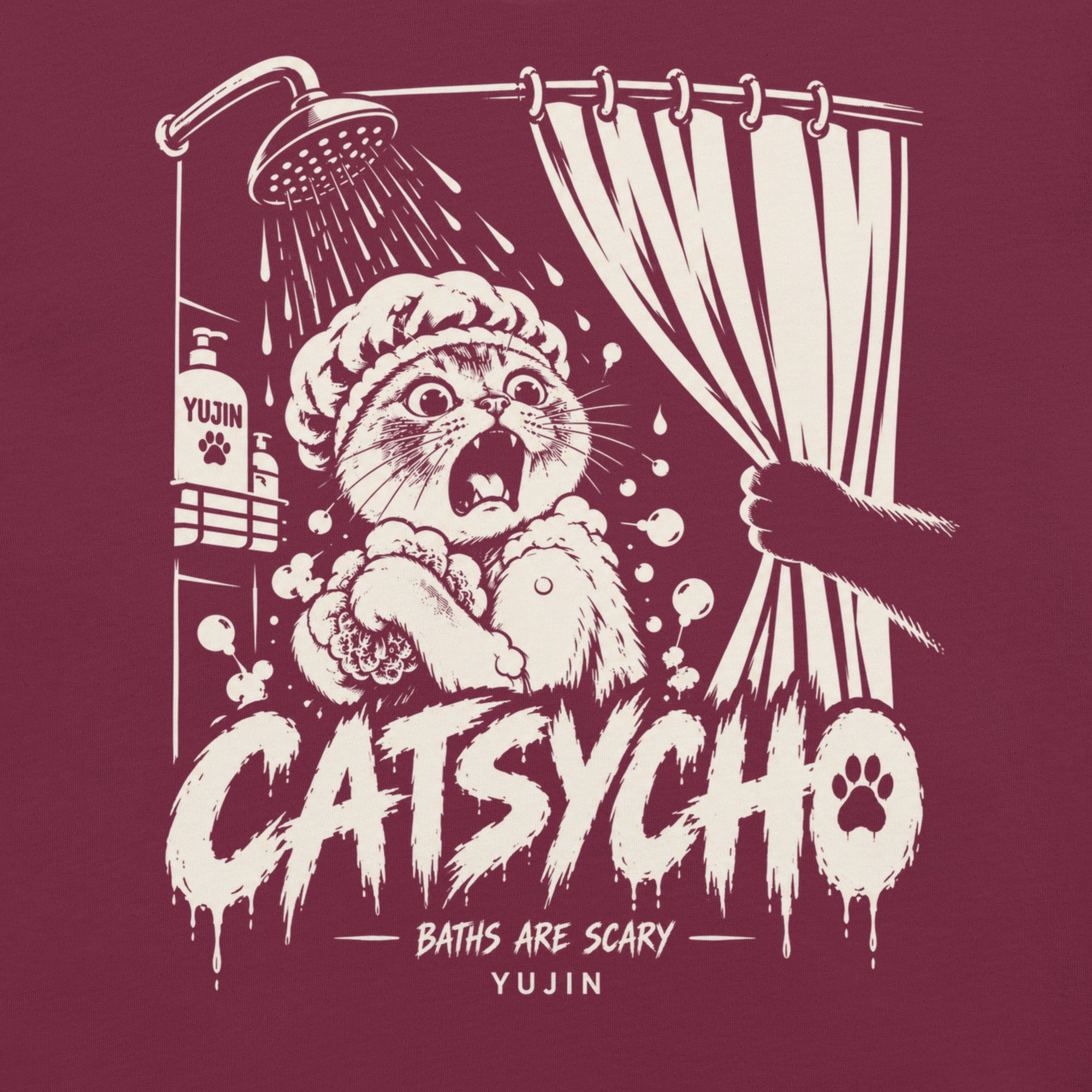 Close-up of Catsycho Cat T-Shirt artwork on Maroon
