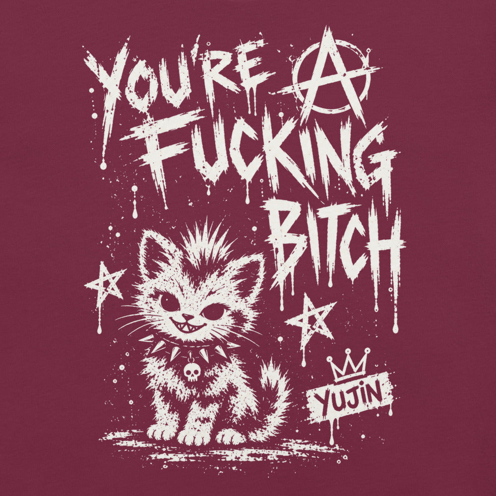 Punk Attitude Cat T-Shirt in Maroon — original front print closeup