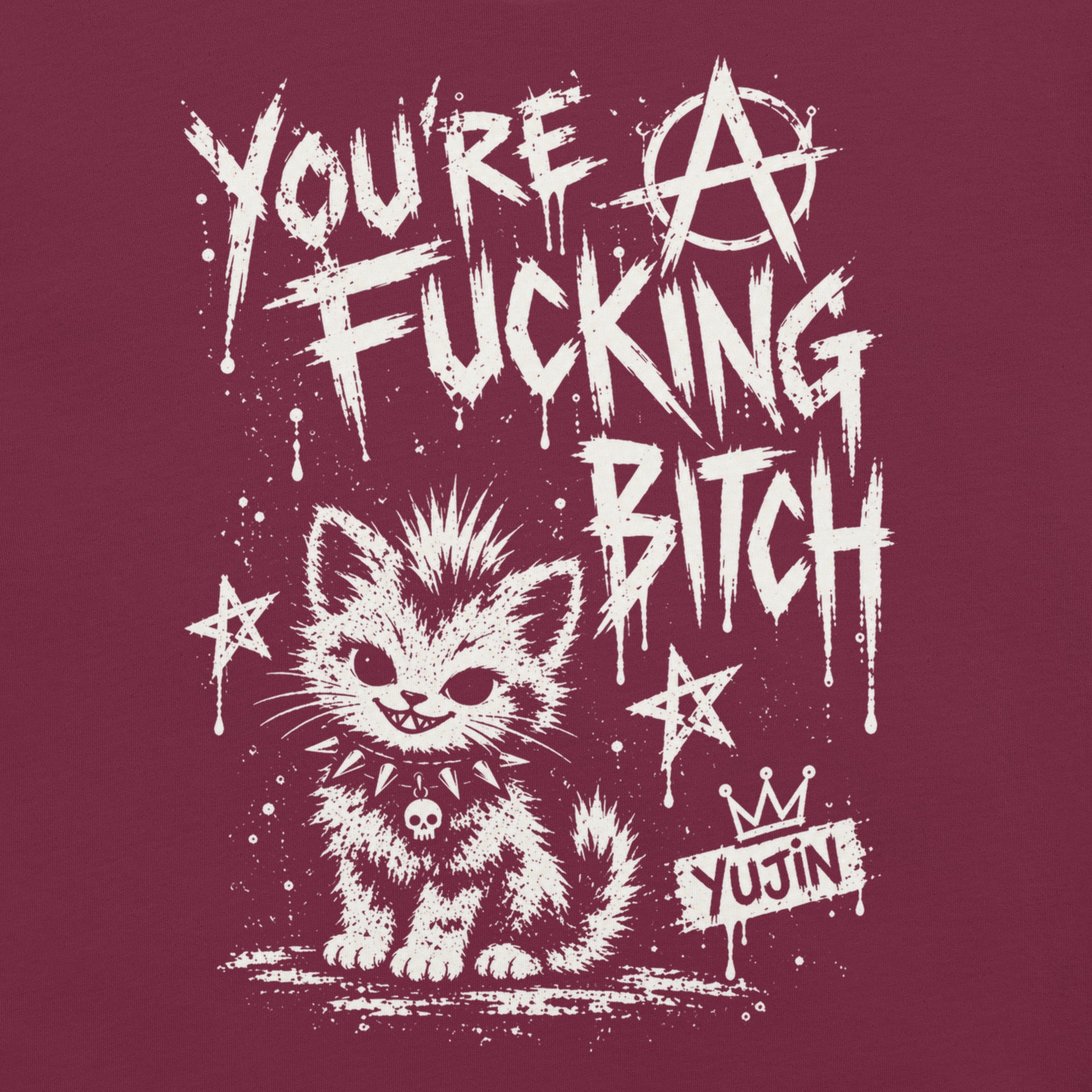 Punk Attitude Cat T-Shirt in Maroon — original front print closeup