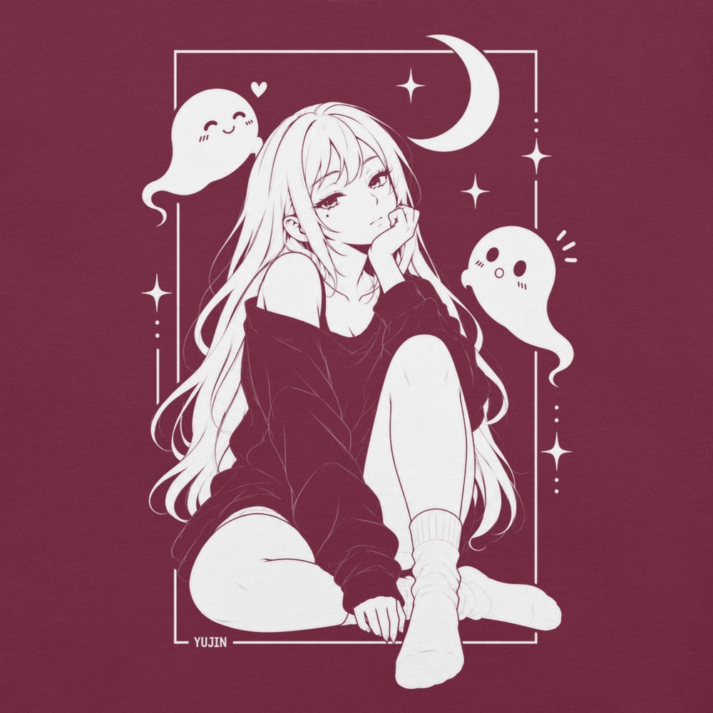 Close-up of Moonlit Nightscape Anime T-Shirt artwork on maroon