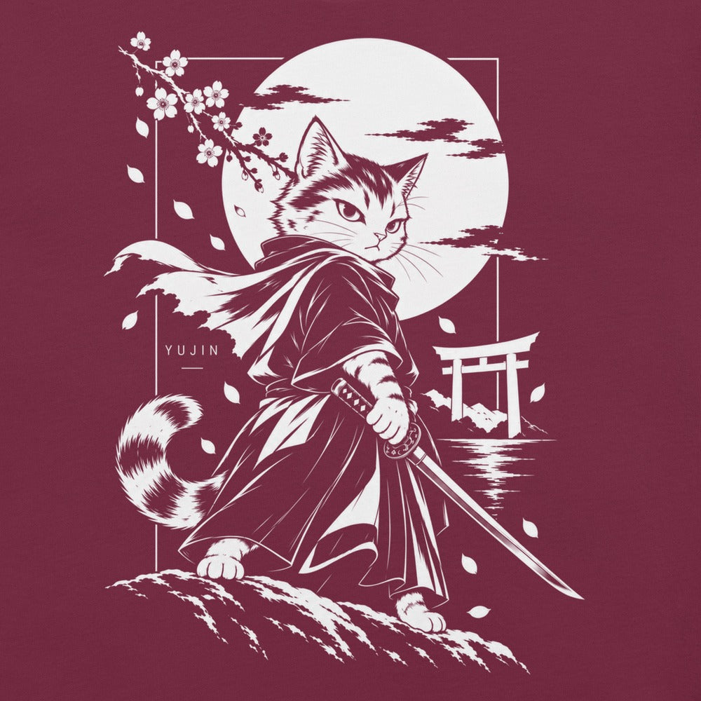 Close-up of Moonlit Samurai Cat T-Shirt artwork on maroon