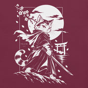 Close-up of Moonlit Samurai Cat T-Shirt artwork on maroon