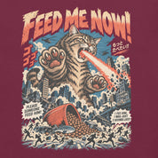 Close-up of Feed Me Now Cat T-Shirt artwork on Maroon
