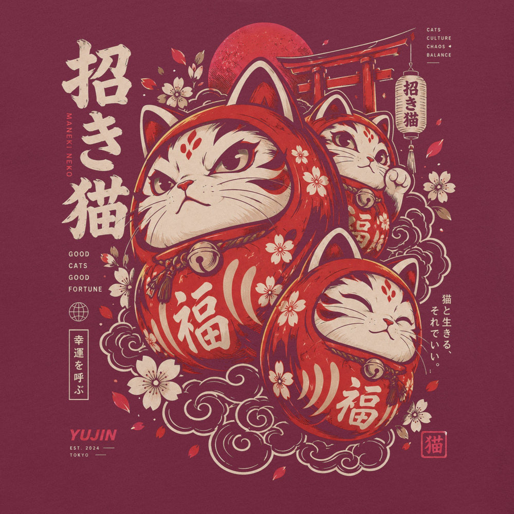 Close-up of Good Fortune Maneki Cat T-Shirt artwork on Maroon