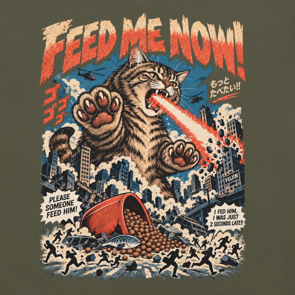 Close-up of Feed Me Now Cat T-Shirt artwork on Military Green