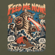 Close-up of Feed Me Now Cat T-Shirt artwork on Military Green