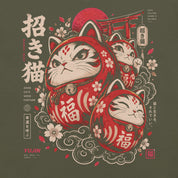 Close-up of Good Fortune Maneki Cat T-Shirt artwork on Military Green