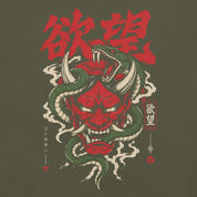 Close-up of Desire Has Teeth Oni Snake T-Shirt artwork on Military Green