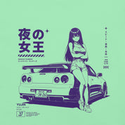 Close-up of Midnight Queen Runners Car T-Shirt artwork on Mint