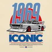 Vintage car illustration with '1969' and 'Iconic' text on a beige background