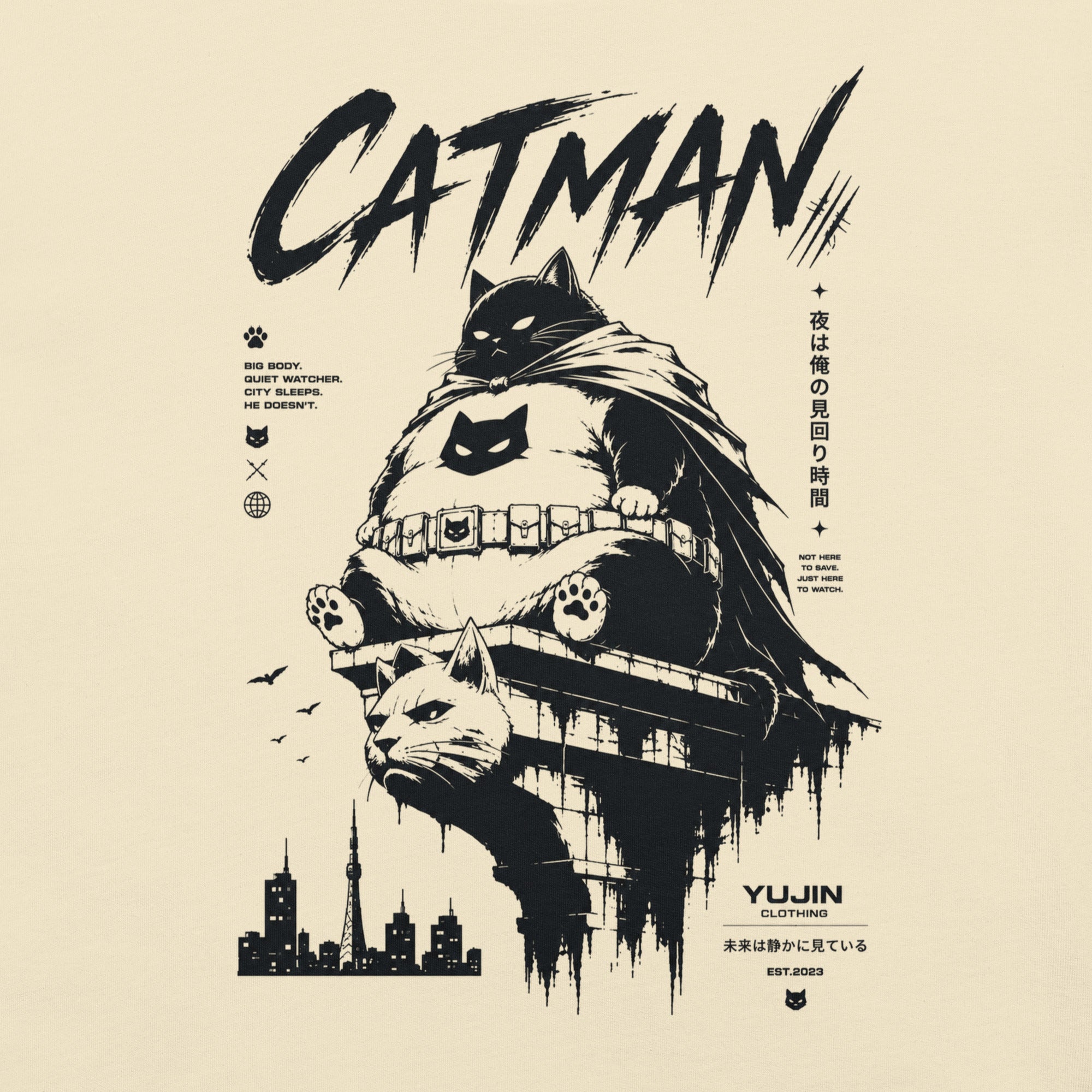 Close-up of the Catman Night Watch Cat T-Shirt artwork on Natural