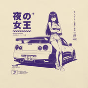 Close-up of Midnight Queen Runners Car T-Shirt artwork on Natural
