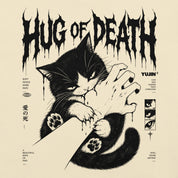 Close-up of Hug of Death Cat T-Shirt artwork on Natural