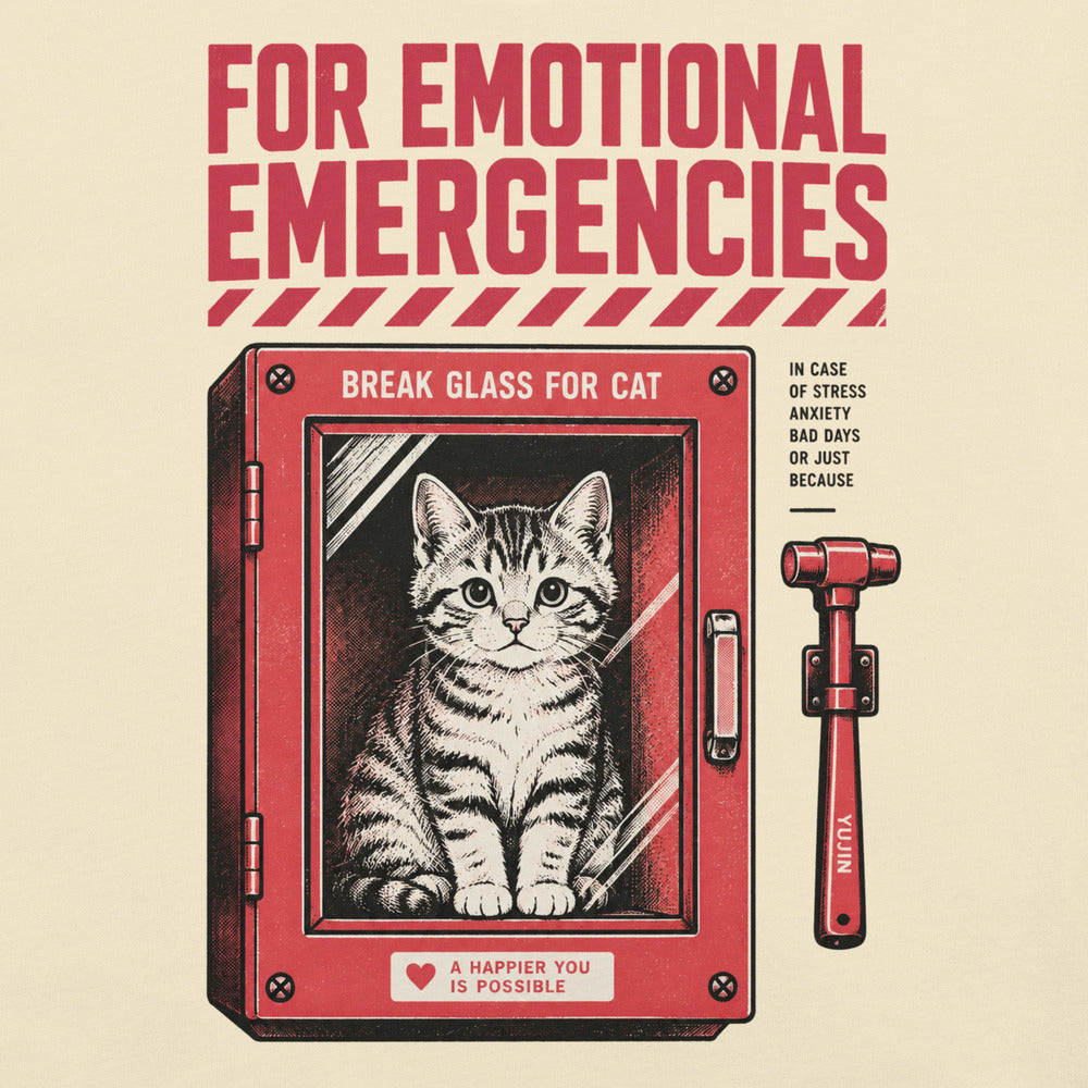 Close-up of For Emotional Emergencies Cat T-Shirt artwork on Natural