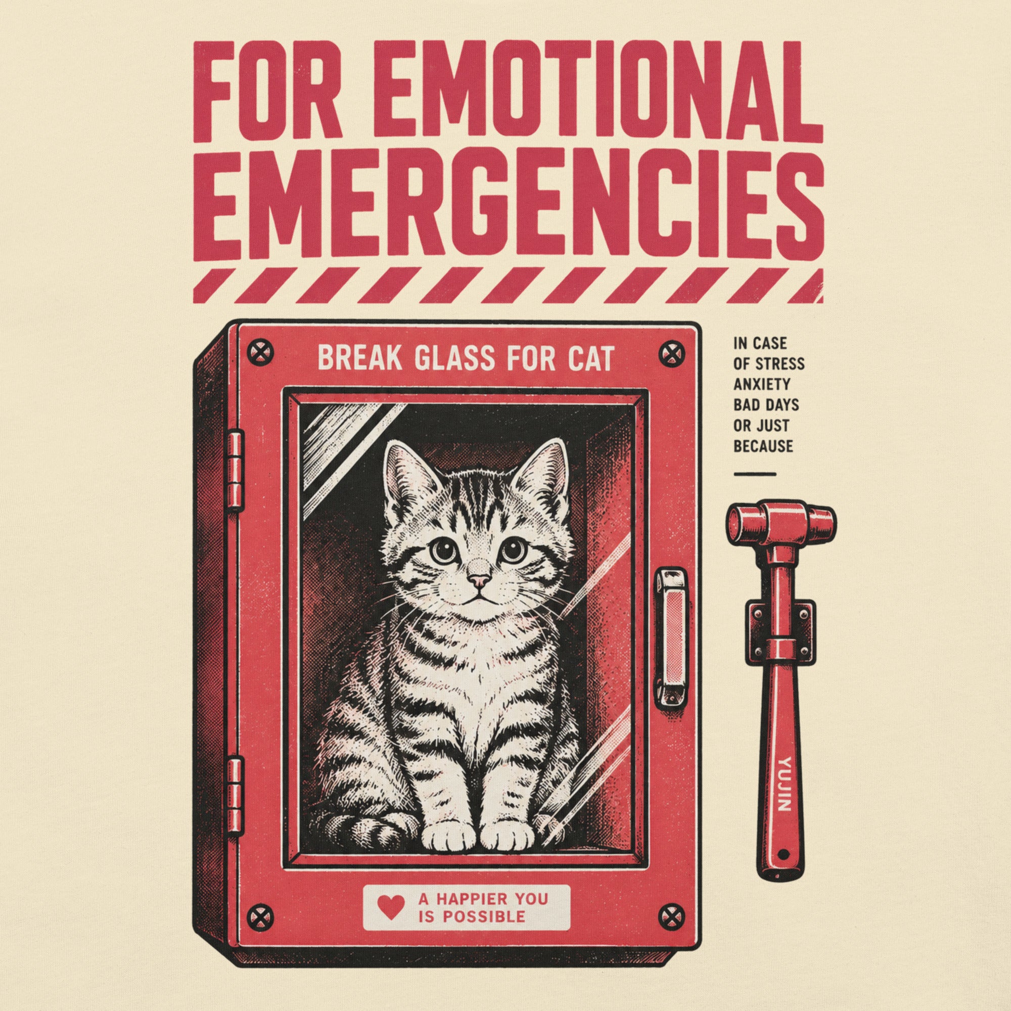 Close-up of For Emotional Emergencies Cat T-Shirt artwork on Natural