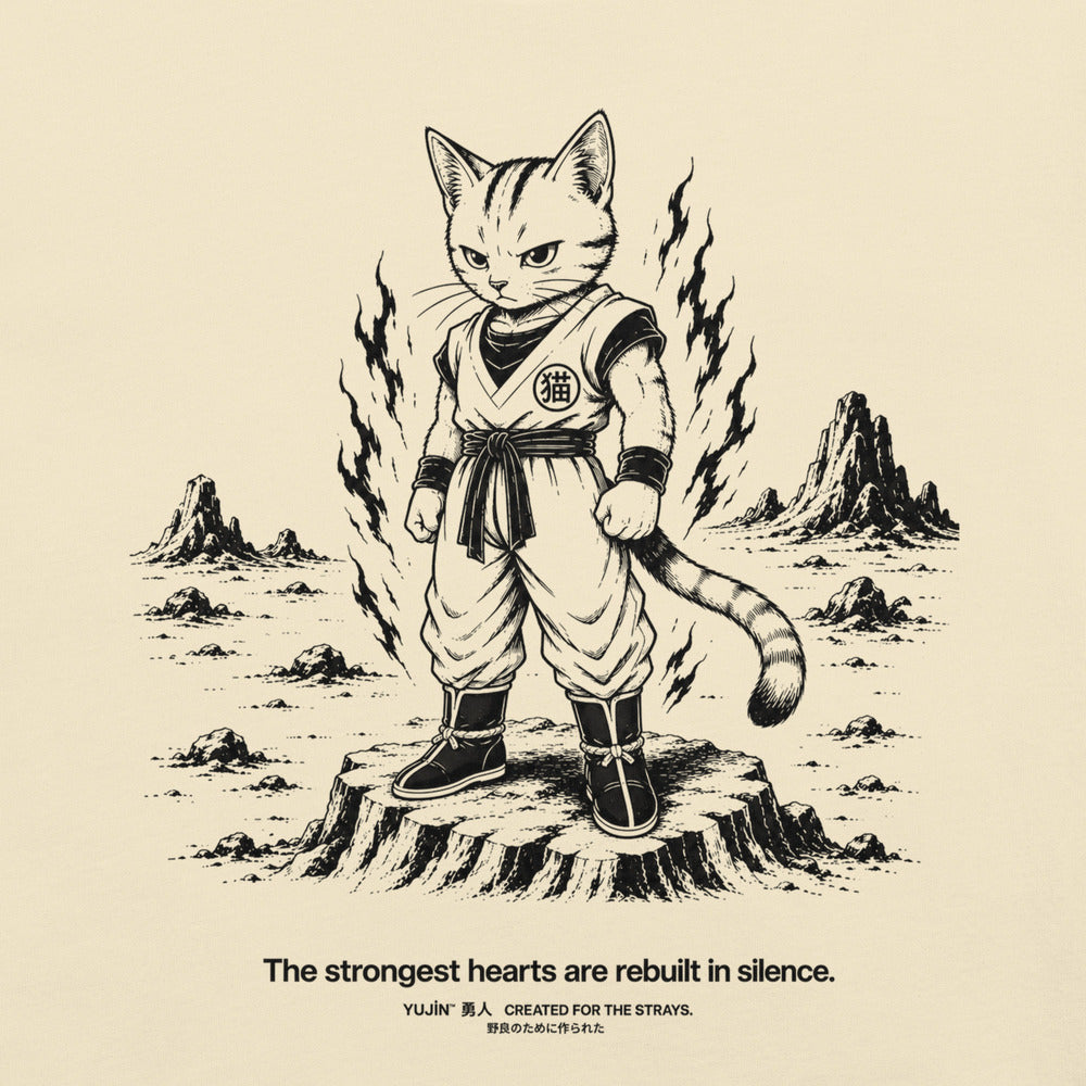 Close-up of Rebuilt in Silence Cat T-Shirt artwork on Natural