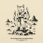 Close-up of Rebuilt in Silence Cat T-Shirt artwork on Natural
