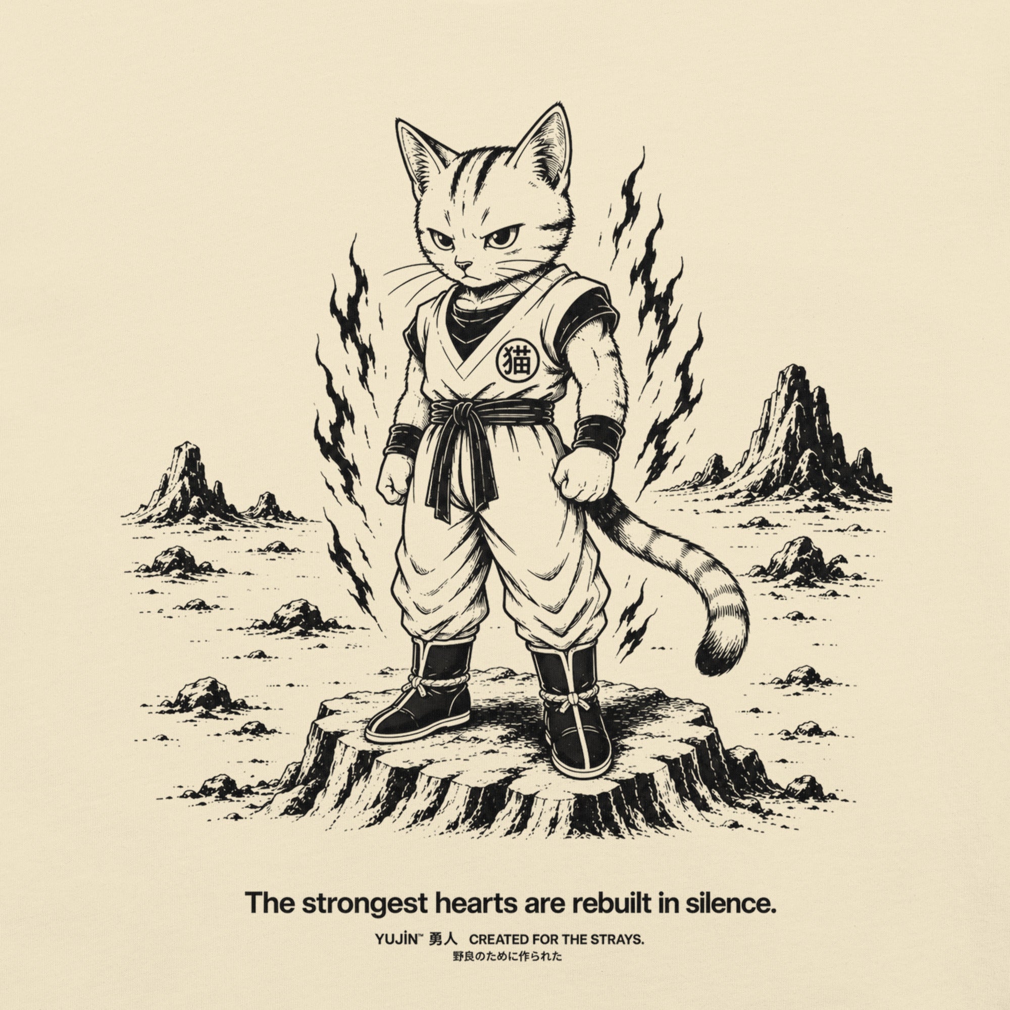 Close-up of Rebuilt in Silence Cat T-Shirt artwork on Natural