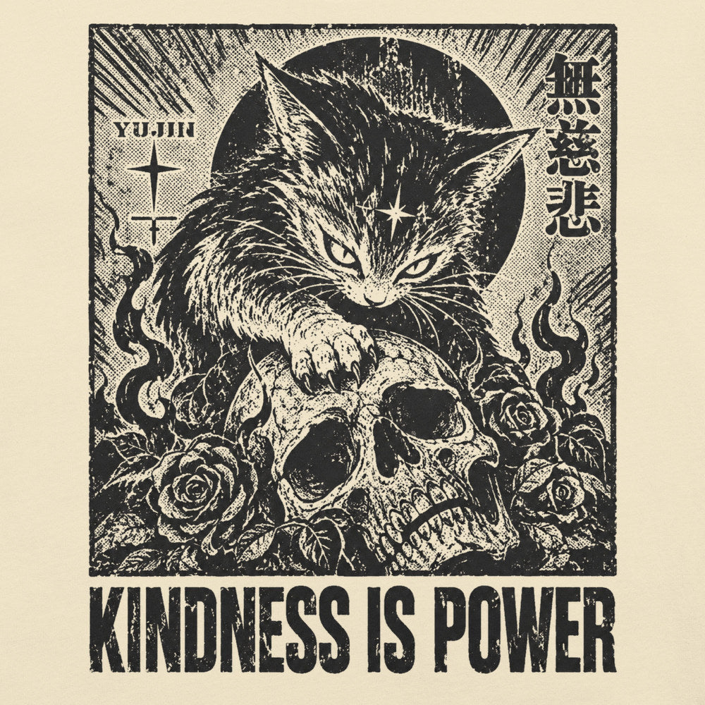 Close-up of Kindness Is Power Cat T-Shirt artwork on Natural
