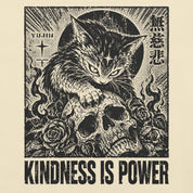 Close-up of Kindness Is Power Cat T-Shirt artwork on Natural