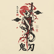 Close-up of Nine Lives Ronin Cat T-Shirt artwork on Natural