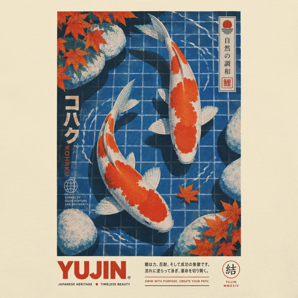 Close-up of Kohaku Koi Fish T-Shirt artwork on Natural