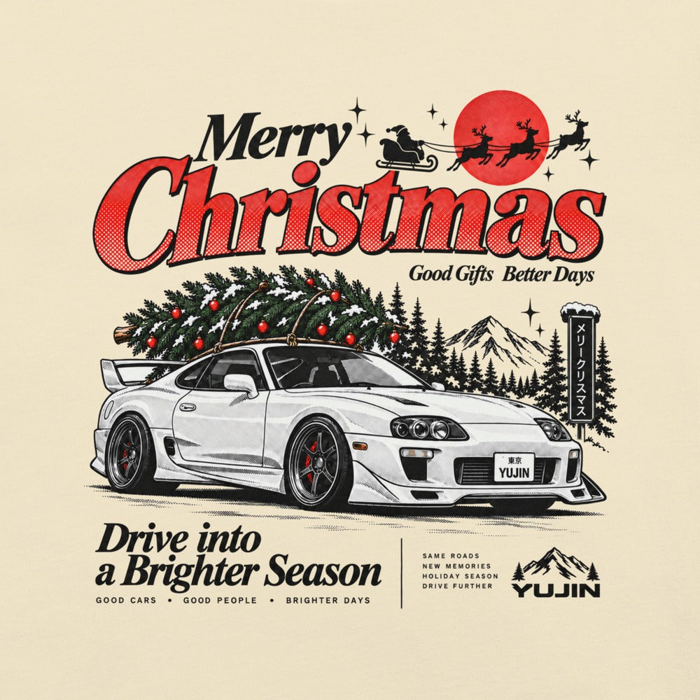 Merry Christmas Retro Car T-Shirt — Natural Printful front closeup