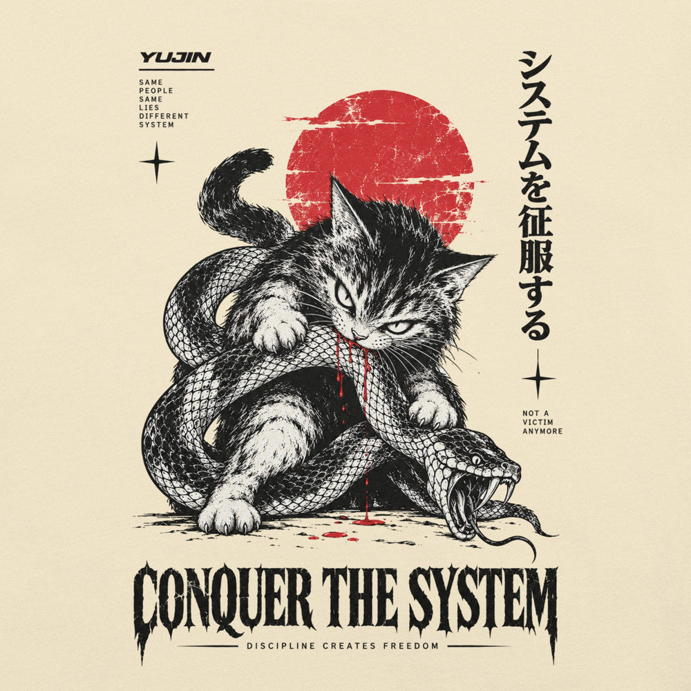 Close-up of Conquer the System Cat T-Shirt artwork on Natural