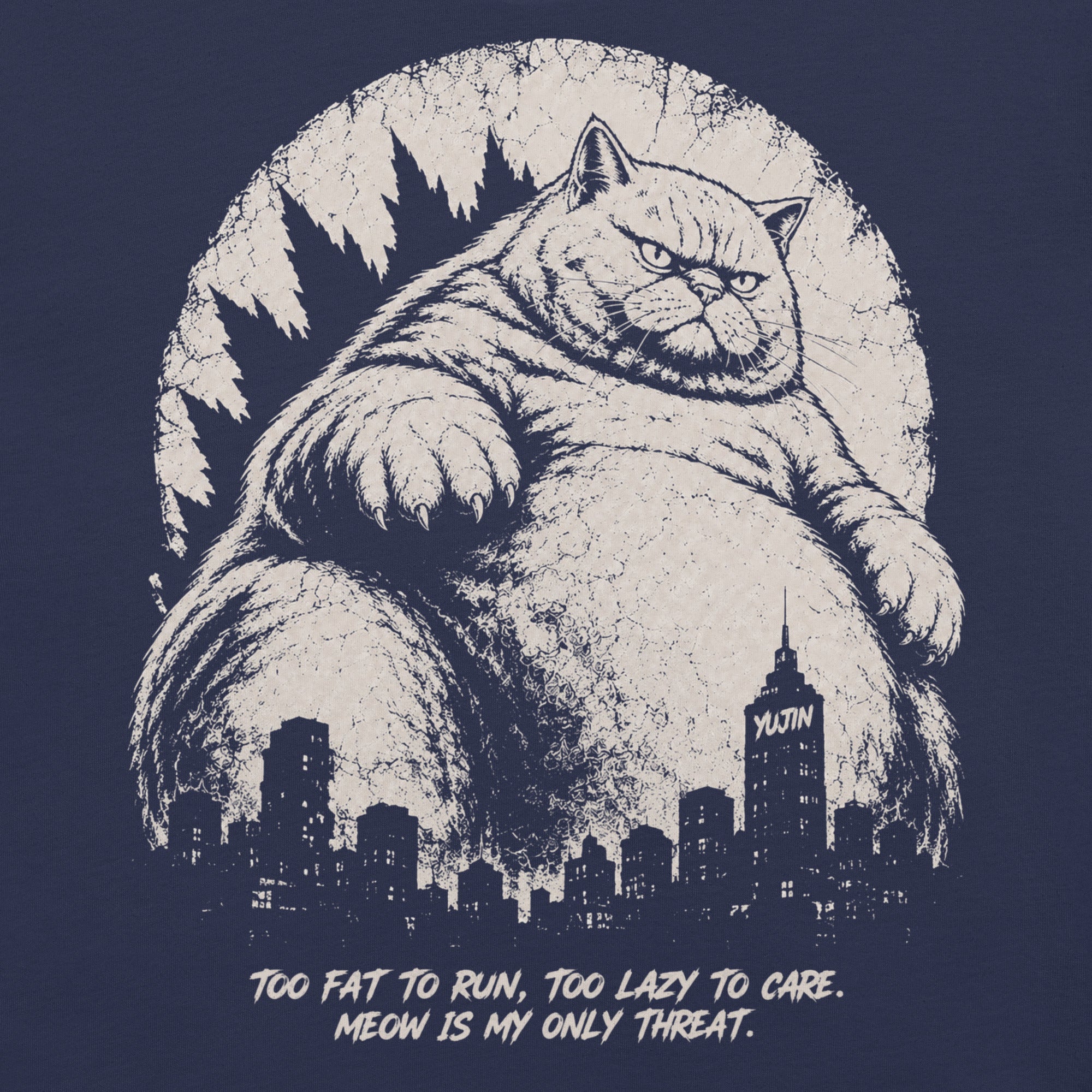 Close-up of Lazy Colossus Cat T-Shirt artwork on Navy