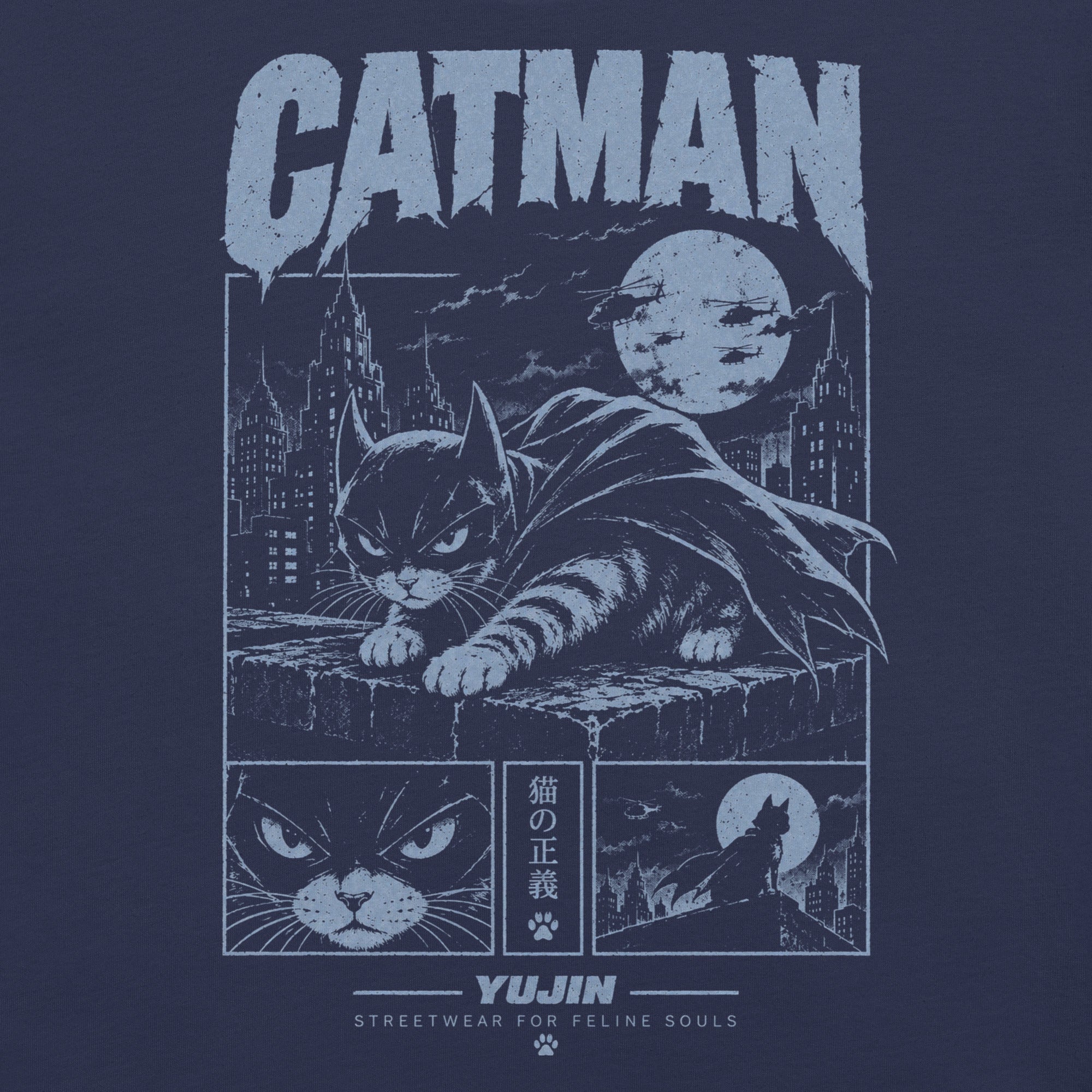 Blue Vigil Cat T-Shirt — Navy artwork detail